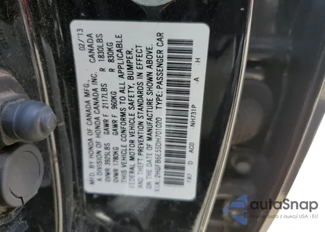 2013 Honda Civic Si z USA, uszkodzony, nr VIN 2HGFB6E55DH701020